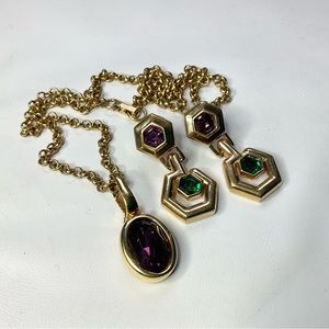 Vintage Swarovski Signed Set Purple Green Crystals Chunky Gold Tone Swan Signed
